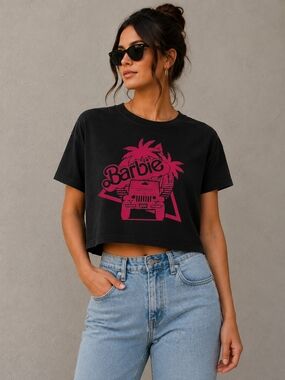HG Creations Barbie Pink Jeep Graphic Black Boxy Crop Tee Size XL